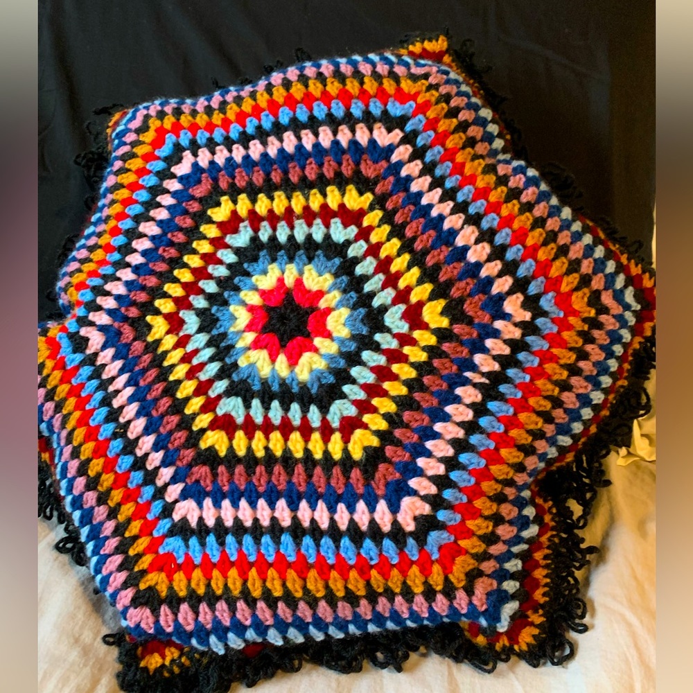 Hand crafted, crochet cushion.